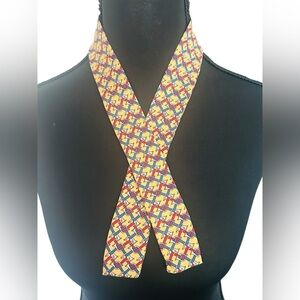 Hermes Vintage 100% Silk French Horn Gold Red & Blue Patterned Twilly Scarf 29”